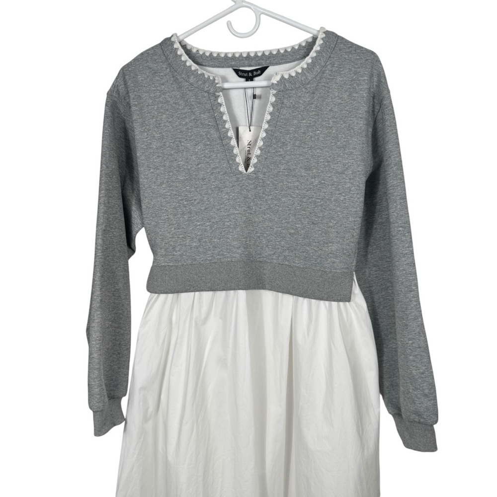 NWT Strut & Bolt Embroidered Poplin Shirt Dress, Grey/Off White, Size S - Picture 2 of 9